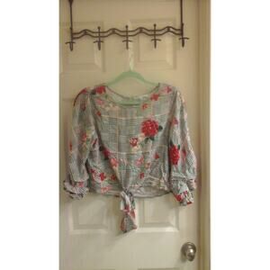 🩷Crescent & Willough Blouse, Women's size large Cropped Tie Floral, Long Sleeve
